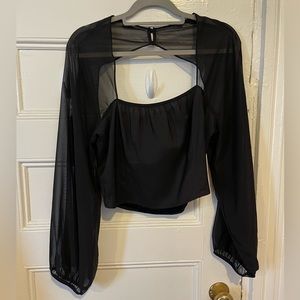 Express black crop top with sheer bell, long sleeves